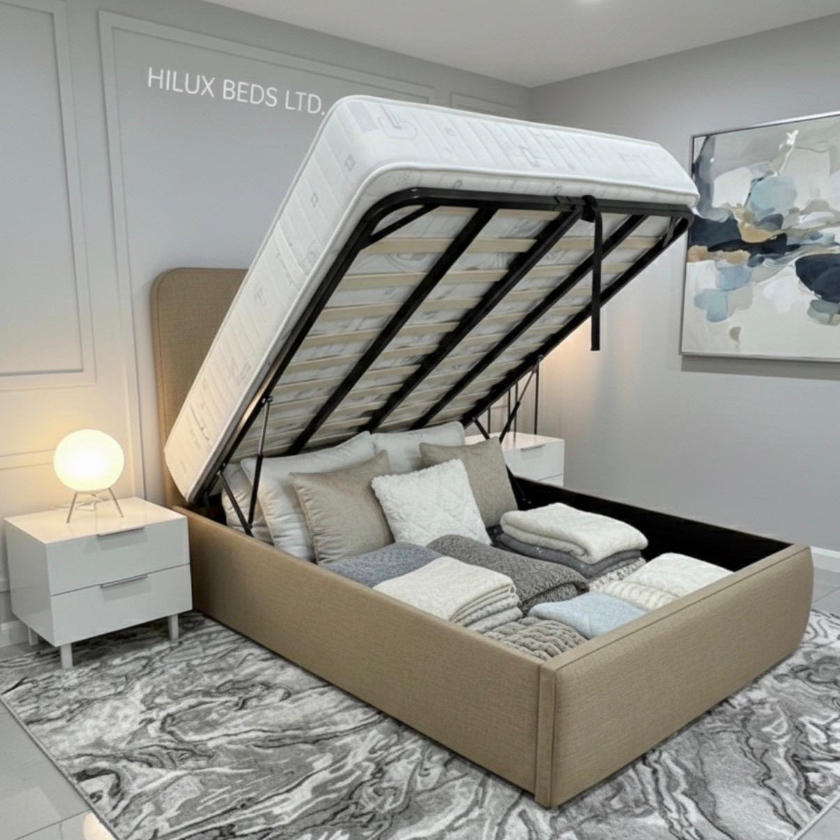 Beige bed with storage compartment in a modern bedroom setting