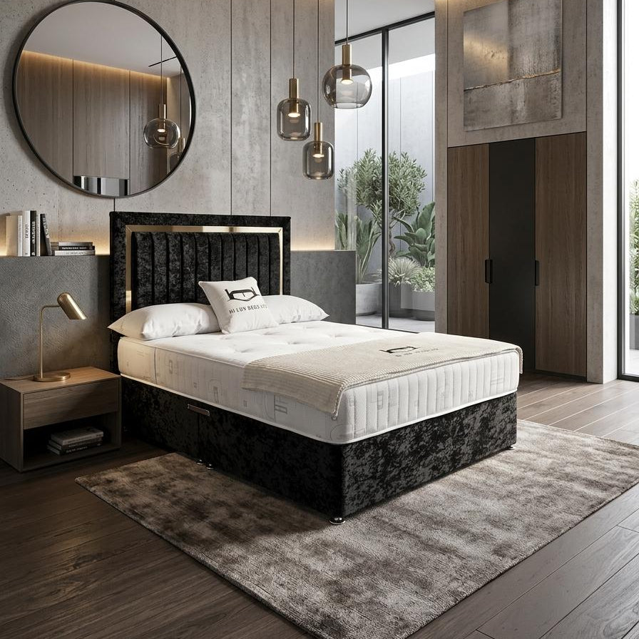 Modern bedroom with a bed, nightstands, and decorative elements.